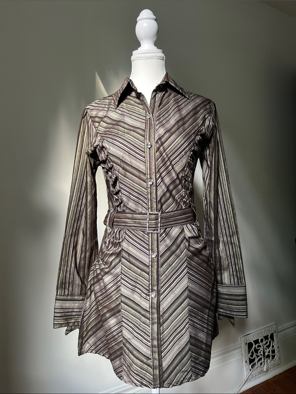 YI MEI Y2K Bratz Siren Striped‎ Collared Button Down Belted Mini Dress Medium